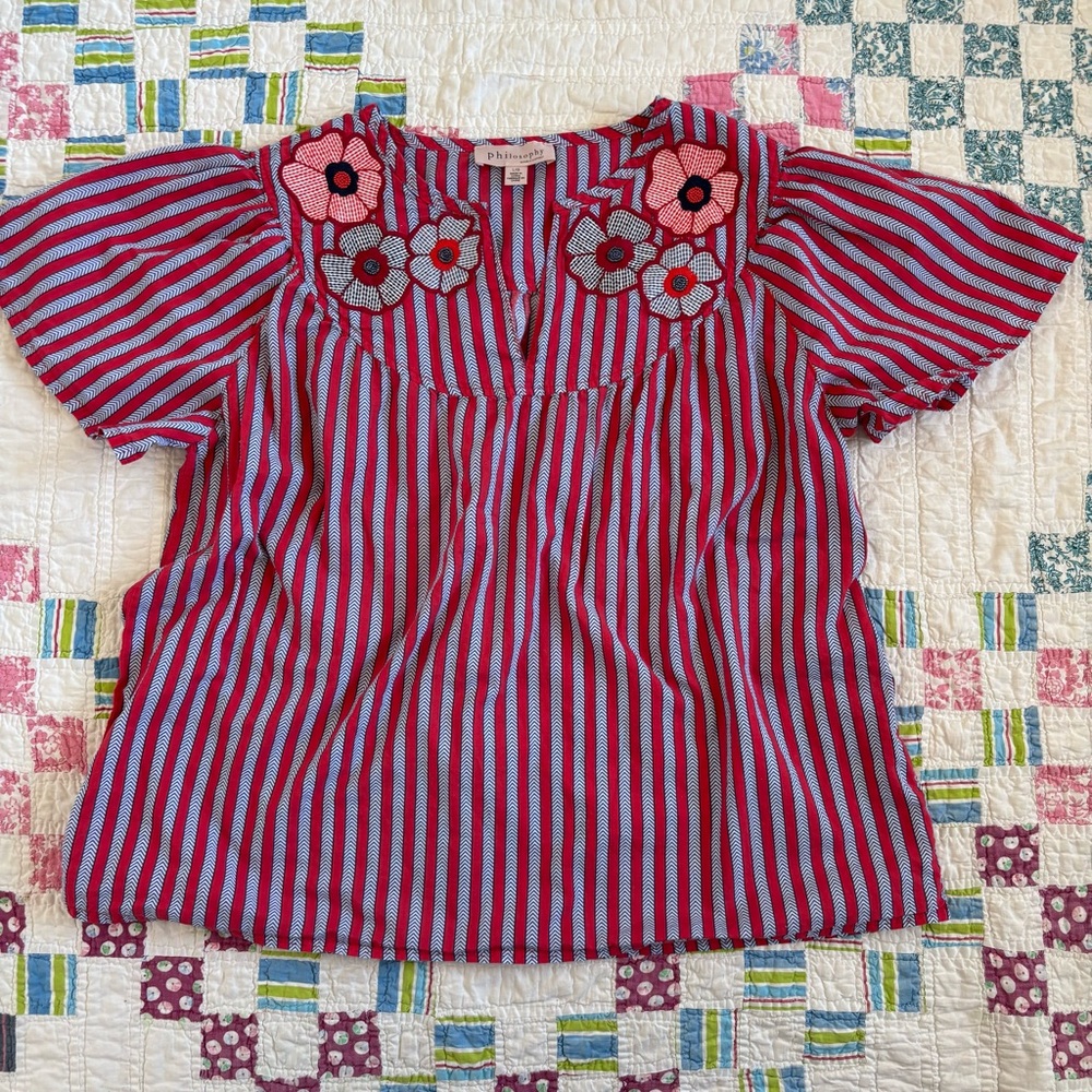 Philosophy Women’s Red White Blue Blouse Beaded Striped Fourth of July BBQ